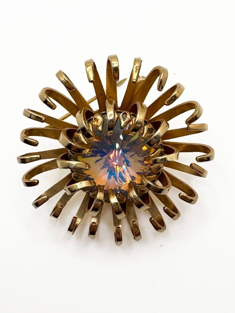 Sarah Coventry 1969 Mystic Blue Rivoli Brooch Vintage Gold Tone Statement Pin